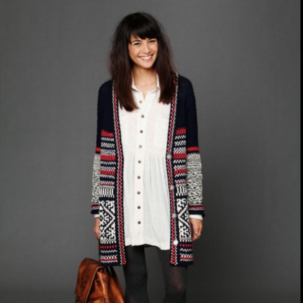 Free People Annabelle Knit Nordic Longline Cardigan Navy/Red/White Sweater